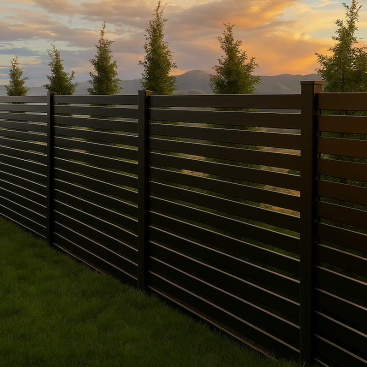 Modern black aluminum horizontal slat fence installed in a backyard