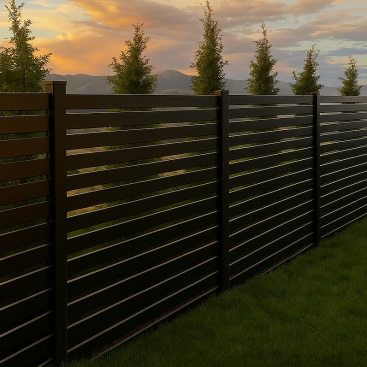 Modern black aluminum horizontal slat fence installed in a backyard
