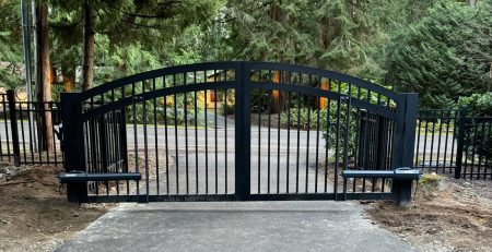 Black arched automated gate installed in Bellevue by Fences & Gates Pro and Custom Railings WA