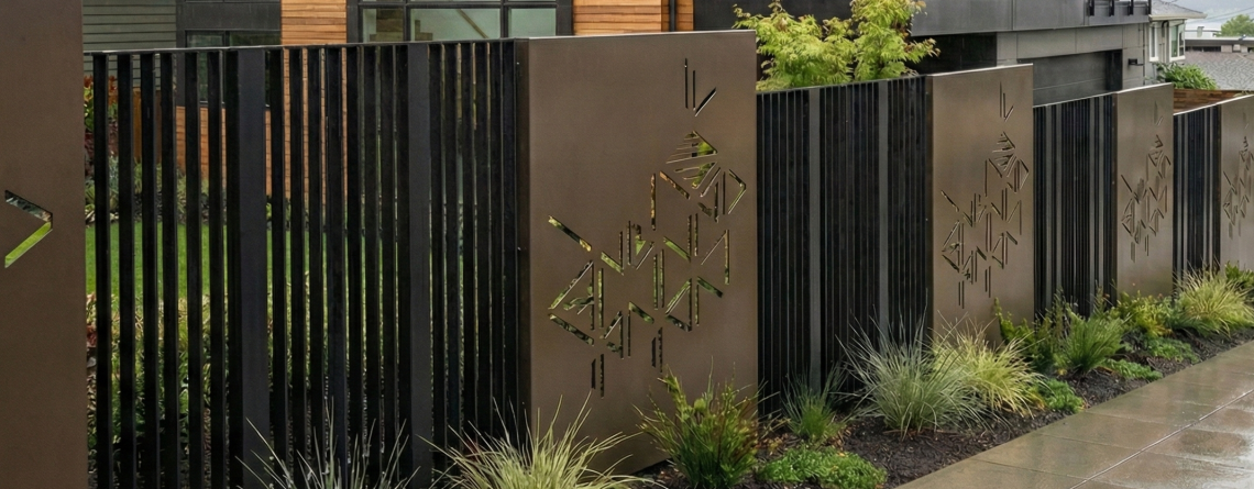 Laser-cut metal designer fence in Seattle, WA with corten steel decorative panels and vertical steel slats