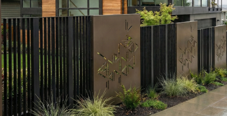 Laser-cut metal designer fence in Seattle, WA with corten steel decorative panels and vertical steel slats